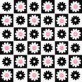 70Ã¢â¬â¢s checkered seamless daisy pattern with flowers. Floral hippie vector background.